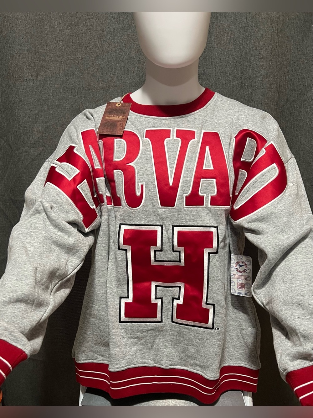 Mitchell & Ness Gray Crewneck Sweater with Red Harvard Lettering
